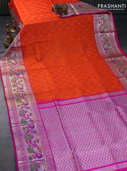 Venkatagiri silk saree orange and pink with allover self emboss and silver zari woven paithani border