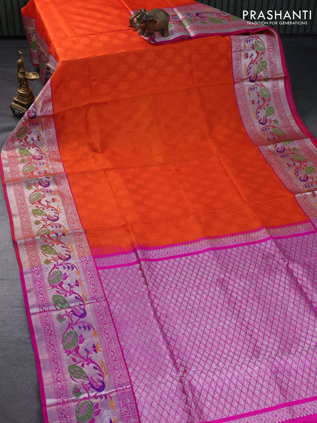 Venkatagiri silk saree orange and pink with allover self emboss and silver zari woven paithani border