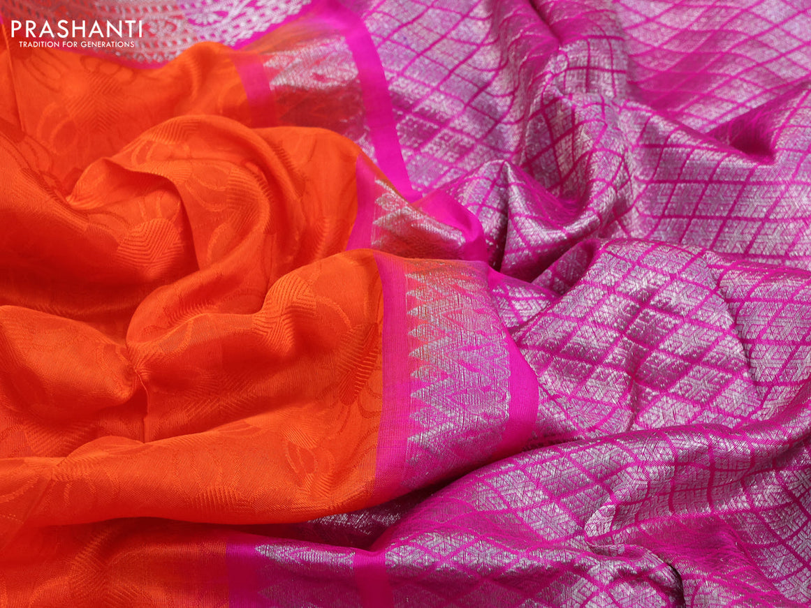 Venkatagiri silk saree orange and pink with allover self emboss and silver zari woven paithani border