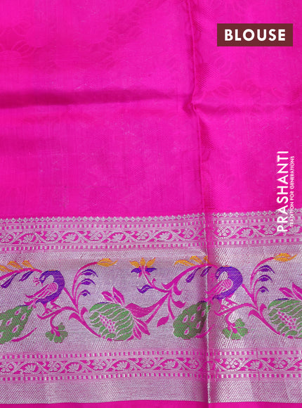 Venkatagiri silk saree orange and pink with allover self emboss and silver zari woven paithani border