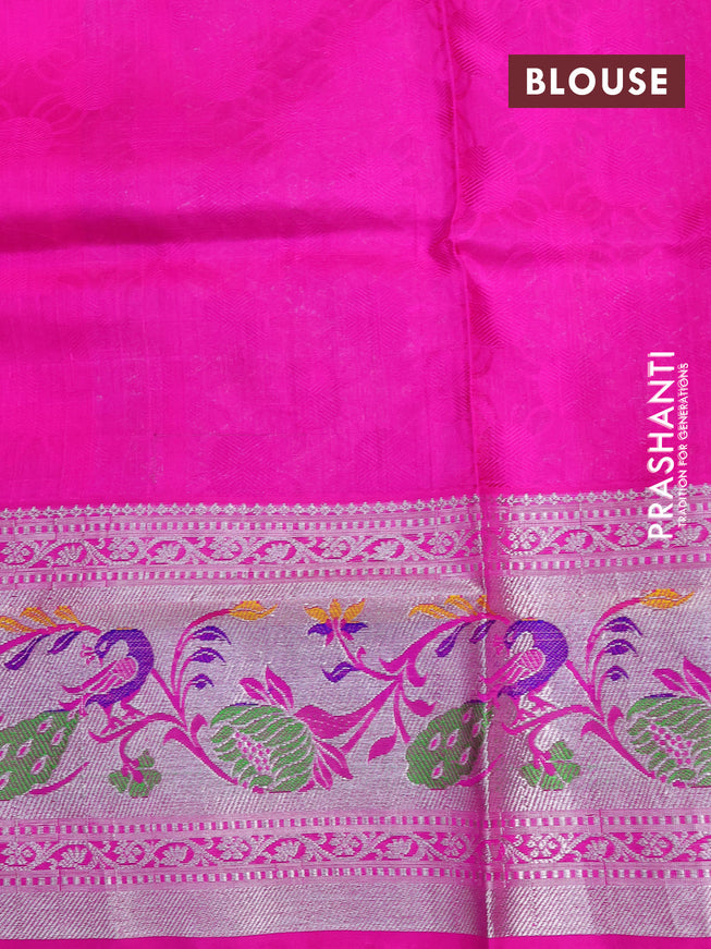 Venkatagiri silk saree orange and pink with allover self emboss and silver zari woven paithani border