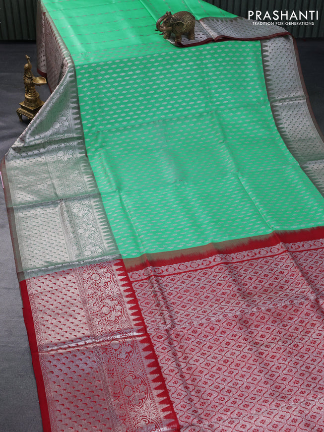 Venkatagiri silk saree teal green shade and red with allover silver zari woven buttas and long rich silver zari woven border