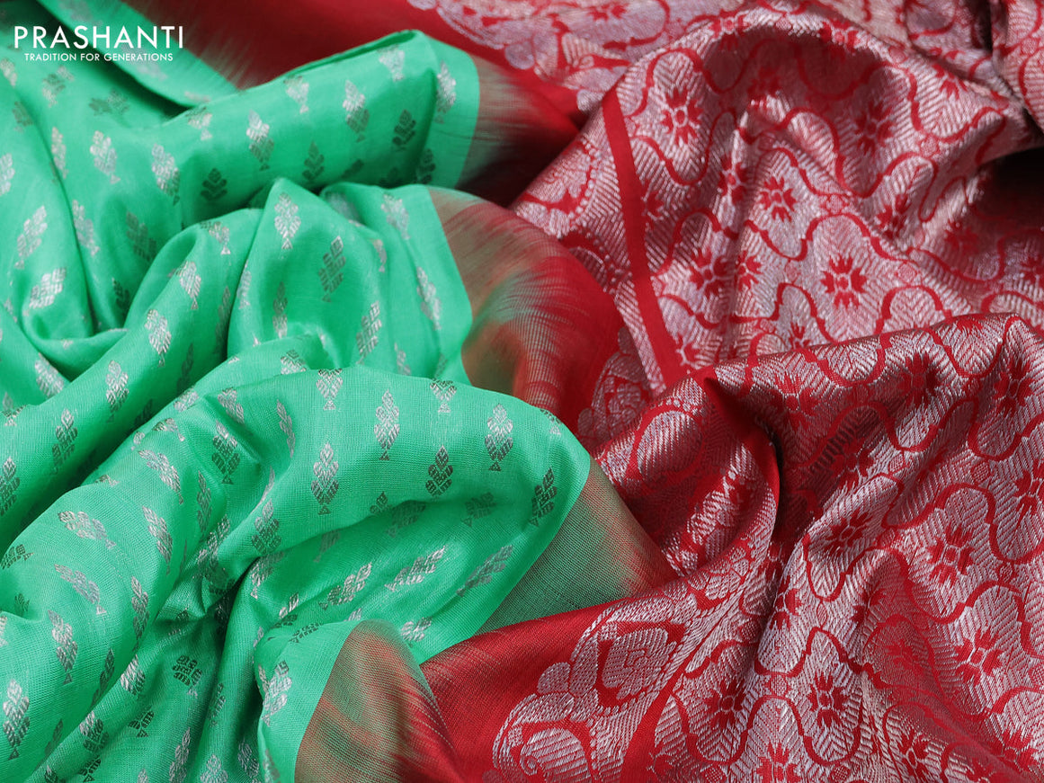 Venkatagiri silk saree teal green shade and red with allover silver zari woven buttas and long rich silver zari woven border