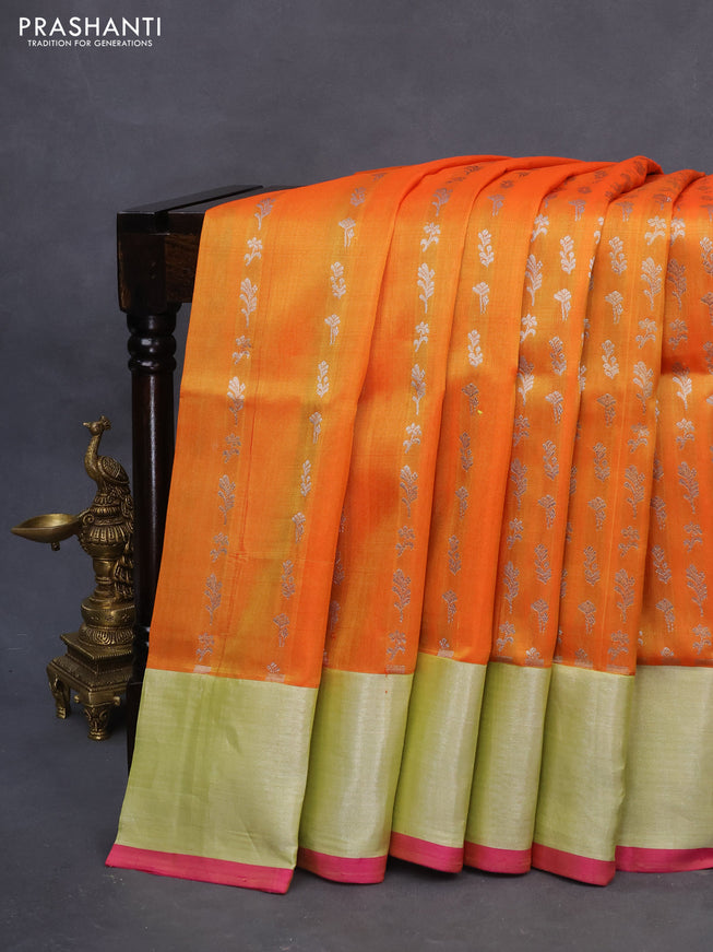 Venkatagiri silk saree dual shade of orange and dual shade of pink with allover silver zari woven buttas and silver zari woven border