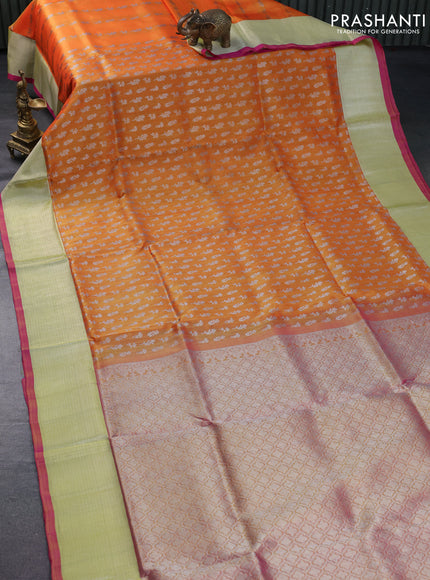 Venkatagiri silk saree dual shade of orange and dual shade of pink with allover silver zari woven buttas and silver zari woven border