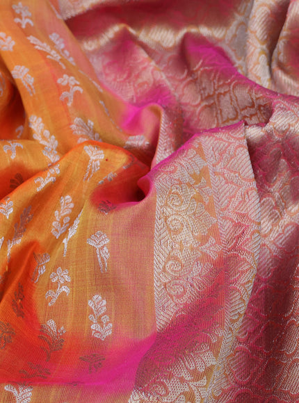 Venkatagiri silk saree dual shade of orange and dual shade of pink with allover silver zari woven buttas and silver zari woven border