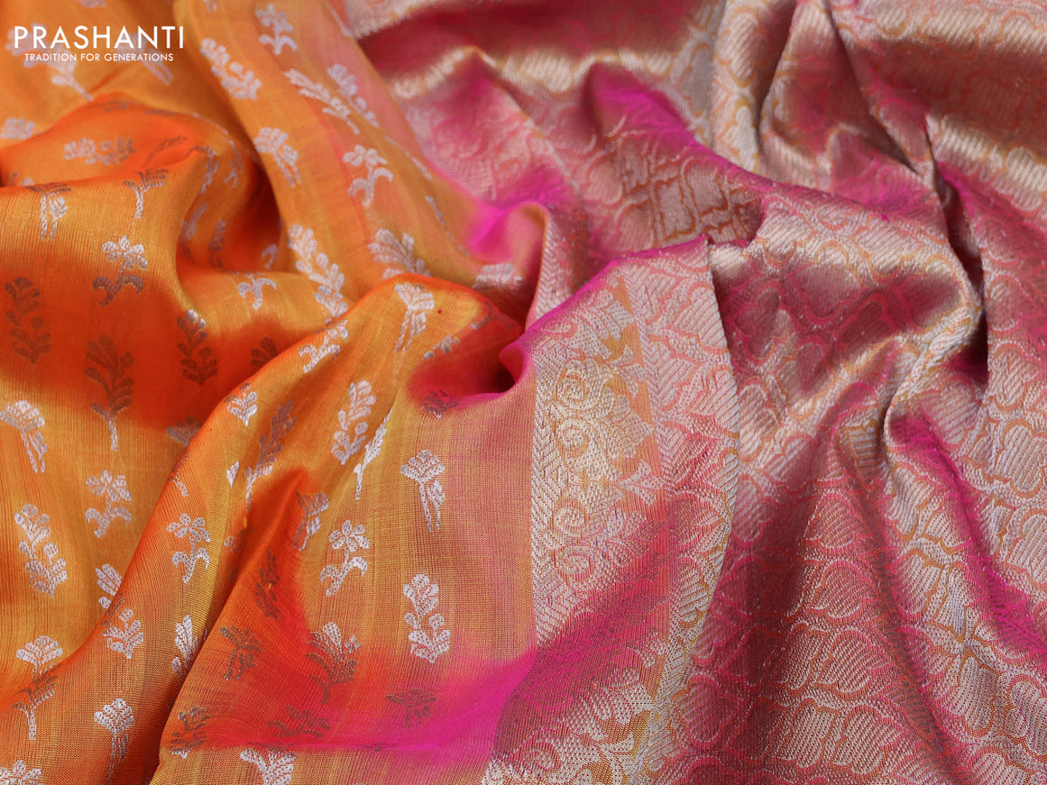 Venkatagiri silk saree dual shade of orange and dual shade of pink with allover silver zari woven buttas and silver zari woven border