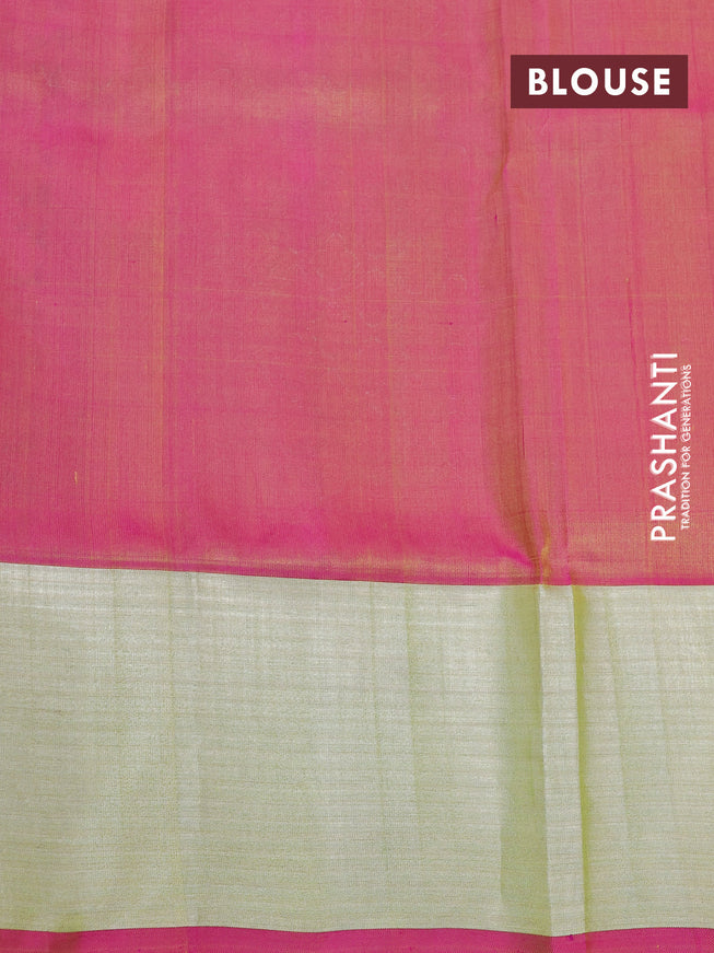 Venkatagiri silk saree dual shade of orange and dual shade of pink with allover silver zari woven buttas and silver zari woven border