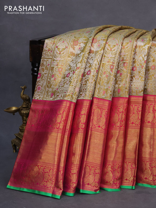 Pure kanchipuram tissue silk saree gold and pink with allover silver zari woven brocade weaves and long annam zari woven border