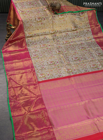 Pure kanchipuram tissue silk saree gold and pink with allover silver zari woven brocade weaves and long annam zari woven border