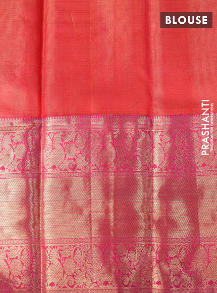 Pure kanchipuram tissue silk saree gold and pink with allover silver zari woven brocade weaves and long annam zari woven border