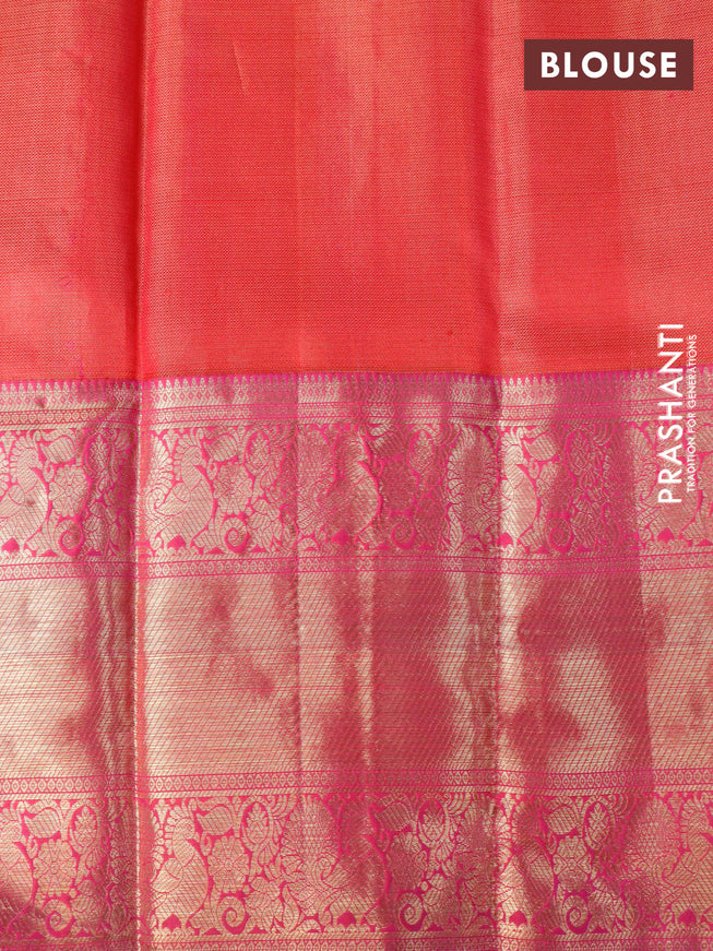 Pure kanchipuram tissue silk saree gold and pink with allover silver zari woven brocade weaves and long annam zari woven border