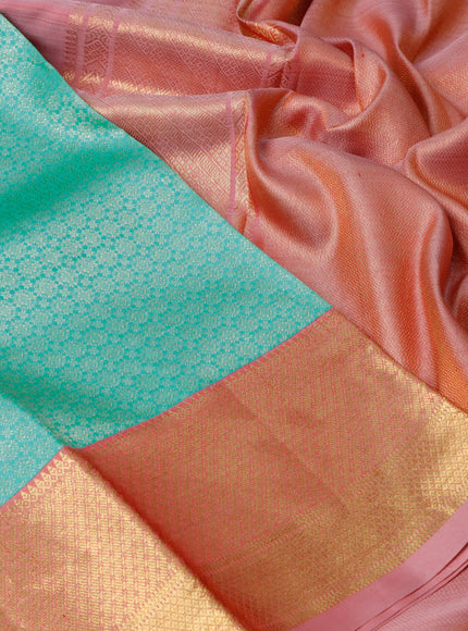 Pure kanchipuram silk saree teal blue and peach red with allover zari woven brocade weaves and zari woven border