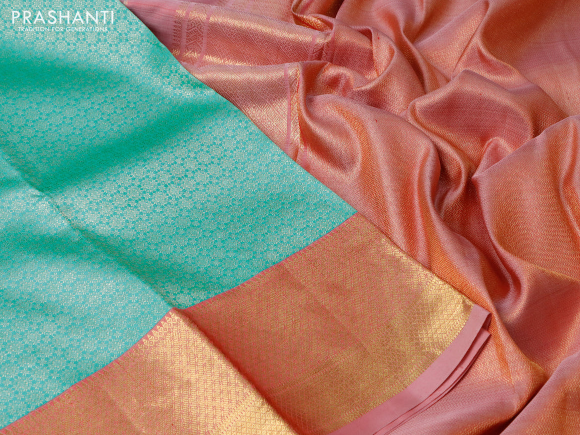 Pure kanchipuram silk saree teal blue and peach red with allover zari woven brocade weaves and zari woven border