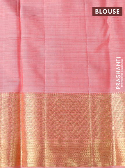 Pure kanchipuram silk saree teal blue and peach red with allover zari woven brocade weaves and zari woven border