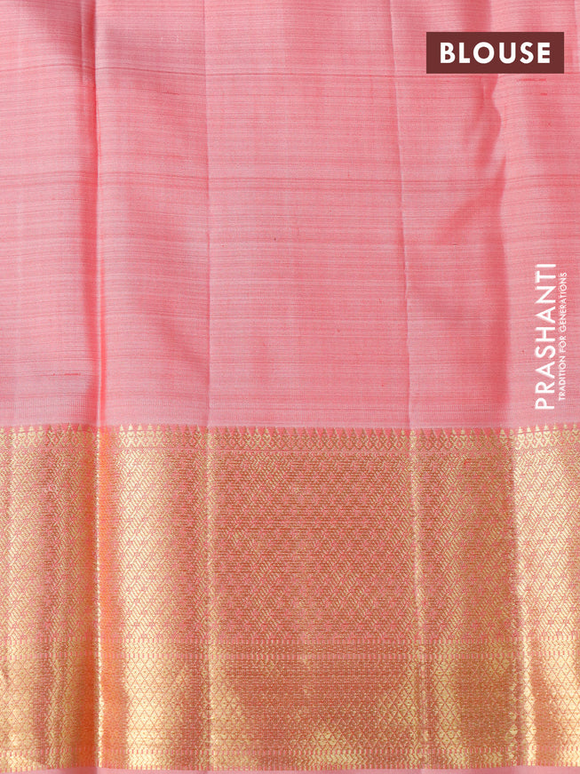 Pure kanchipuram silk saree teal blue and peach red with allover zari woven brocade weaves and zari woven border