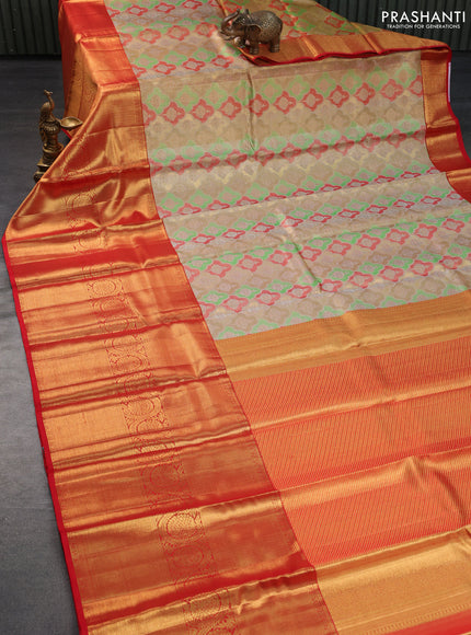 Pure kanchipuram tissue silk saree multi colour and red with allover thread & zari woven brocade weaves and long rich zari woven border