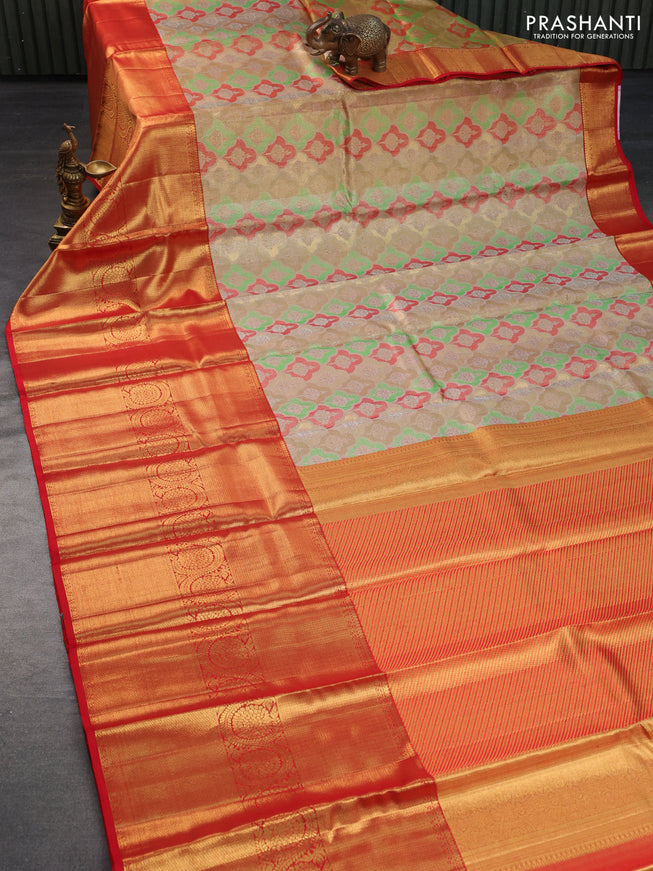 Pure kanchipuram tissue silk saree multi colour and red with allover thread & zari woven brocade weaves and long rich zari woven border