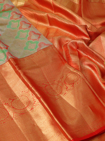 Pure kanchipuram tissue silk saree multi colour and red with allover thread & zari woven brocade weaves and long rich zari woven border