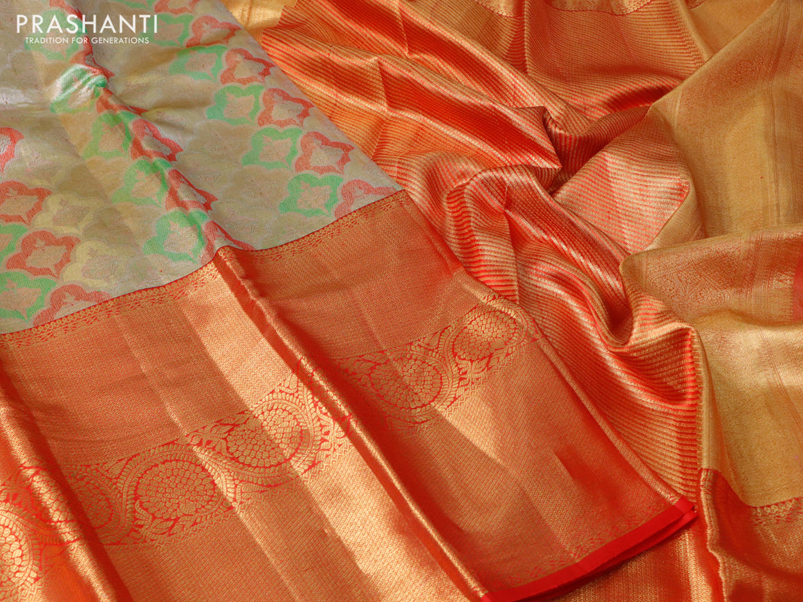 Pure kanchipuram tissue silk saree multi colour and red with allover thread & zari woven brocade weaves and long rich zari woven border