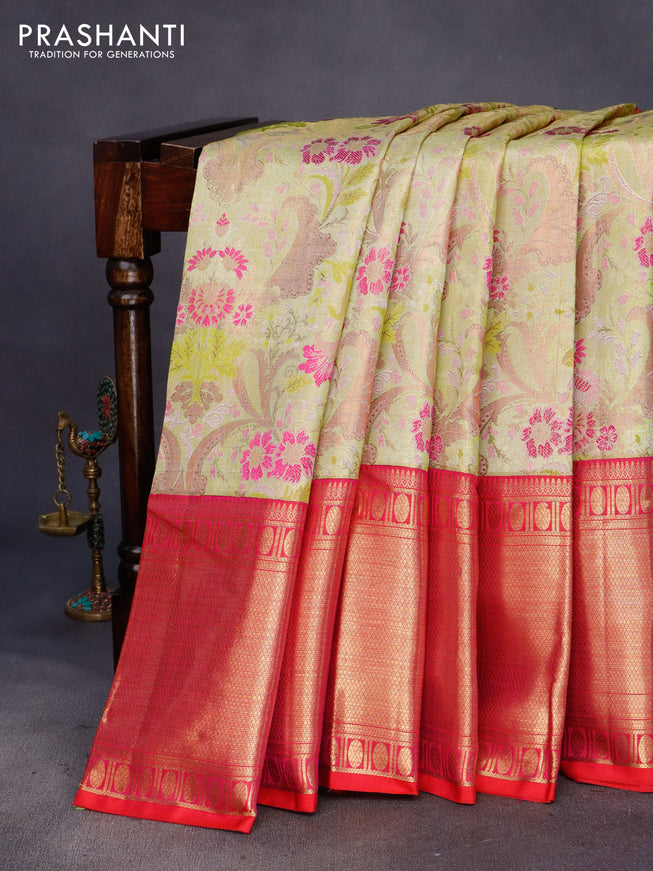 Pure kanchipuram tissue silk saree pista green and dual shade of pinkish red with allover thread & zari woven brocade weaves and long zari woven korvai border