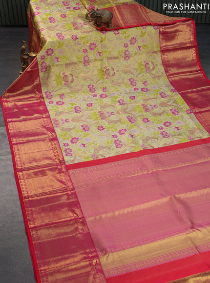 Pure kanchipuram tissue silk saree pista green and dual shade of pinkish red with allover thread & zari woven brocade weaves and long zari woven korvai border