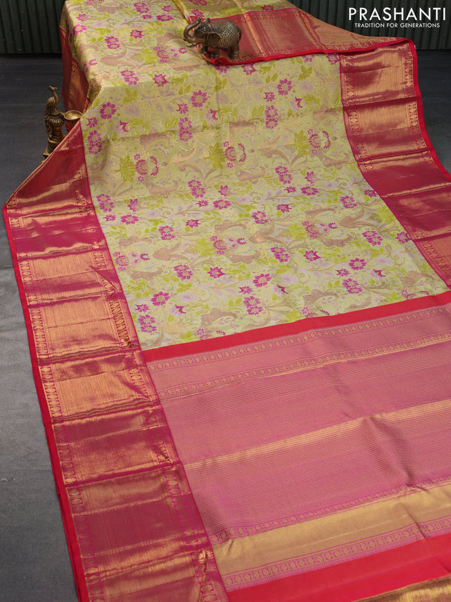 Pure kanchipuram tissue silk saree pista green and dual shade of pinkish red with allover thread & zari woven brocade weaves and long zari woven korvai border