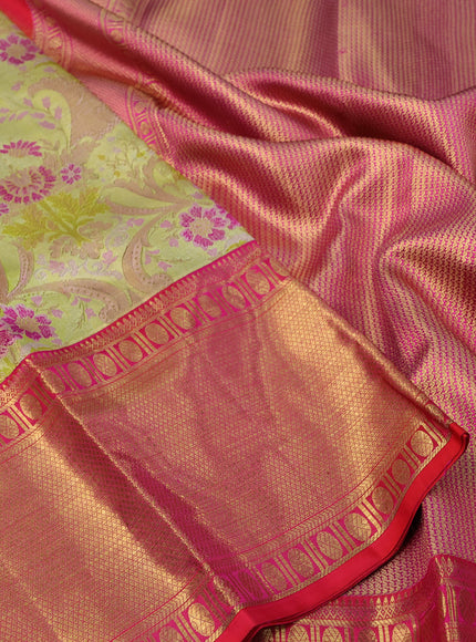 Pure kanchipuram tissue silk saree pista green and dual shade of pinkish red with allover thread & zari woven brocade weaves and long zari woven korvai border