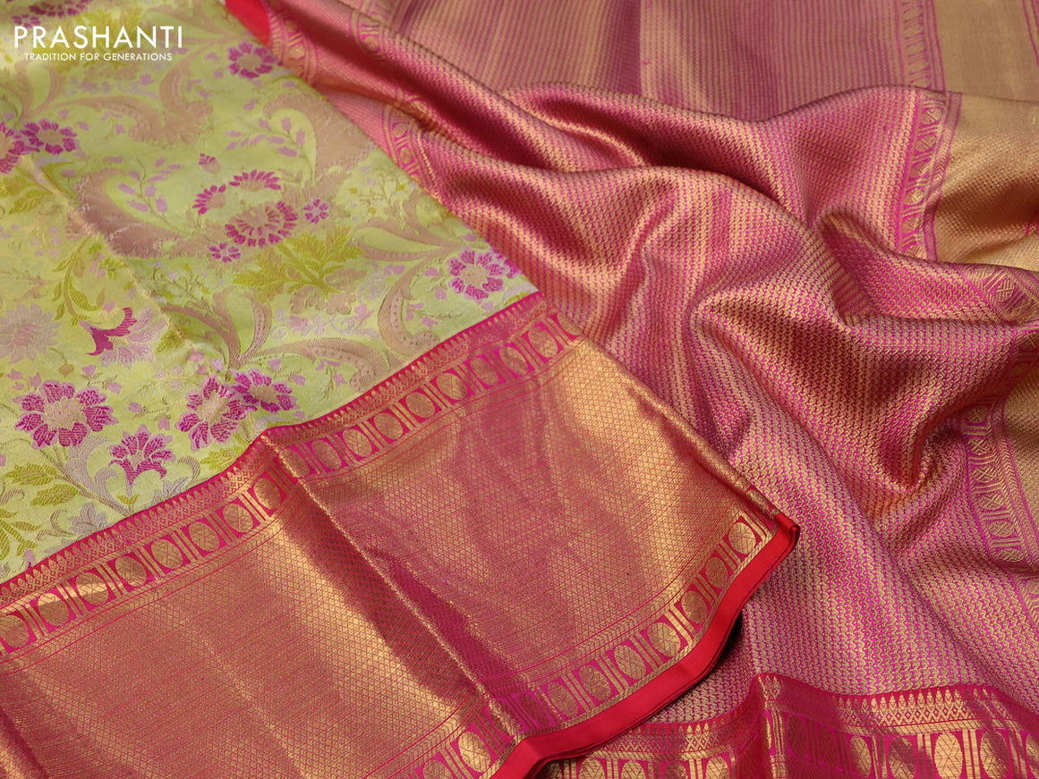 Pure kanchipuram tissue silk saree pista green and dual shade of pinkish red with allover thread & zari woven brocade weaves and long zari woven korvai border