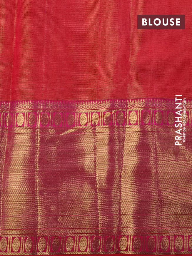 Pure kanchipuram tissue silk saree pista green and dual shade of pinkish red with allover thread & zari woven brocade weaves and long zari woven korvai border