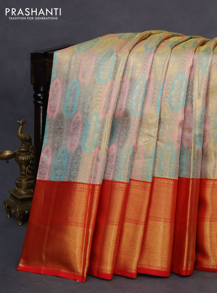 Pure kanchipuram tissue silk saree light pink teal blue and red with allover zari woven brocade weaves and long rich zari woven border