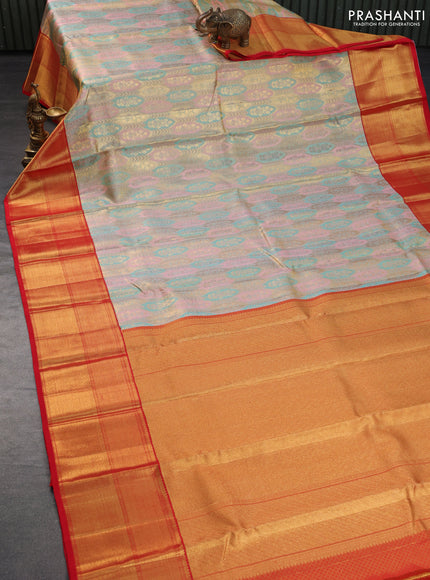 Pure kanchipuram tissue silk saree light pink teal blue and red with allover zari woven brocade weaves and long rich zari woven border