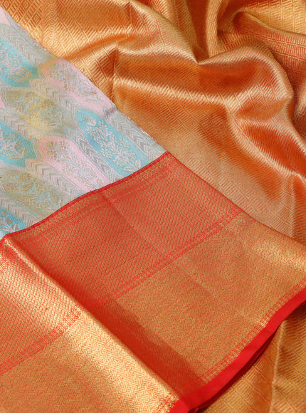 Pure kanchipuram tissue silk saree light pink teal blue and red with allover zari woven brocade weaves and long rich zari woven border