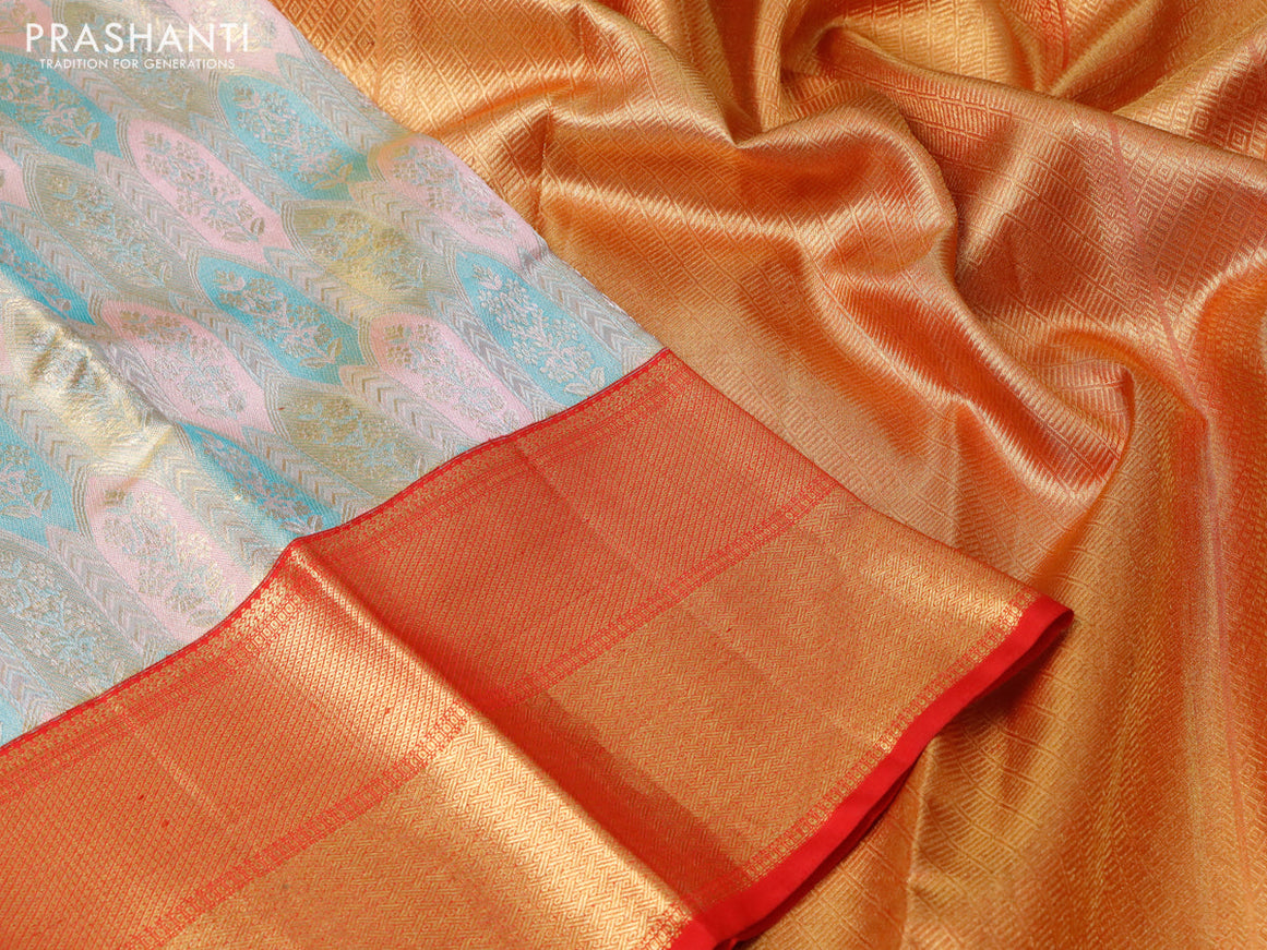 Pure kanchipuram tissue silk saree light pink teal blue and red with allover zari woven brocade weaves and long rich zari woven border