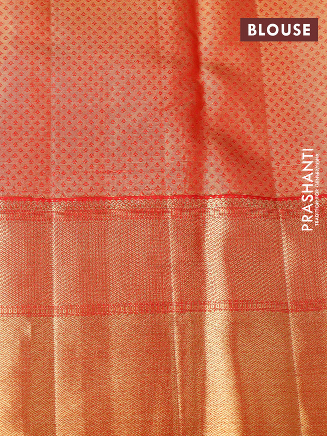 Pure kanchipuram tissue silk saree light pink teal blue and red with allover zari woven brocade weaves and long rich zari woven border