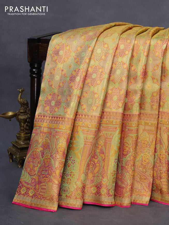 Pure kanchipuram tissue silk saree dual shade of light green and dual shade of pink with allover zari woven brocade weaves and long rich zari woven border