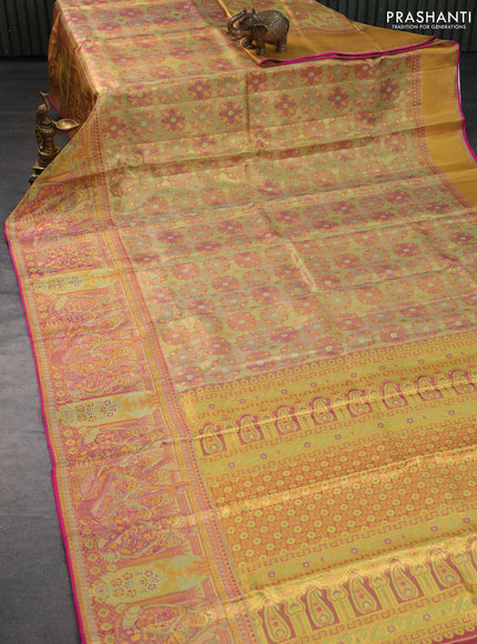 Pure kanchipuram tissue silk saree dual shade of light green and dual shade of pink with allover zari woven brocade weaves and long rich zari woven border