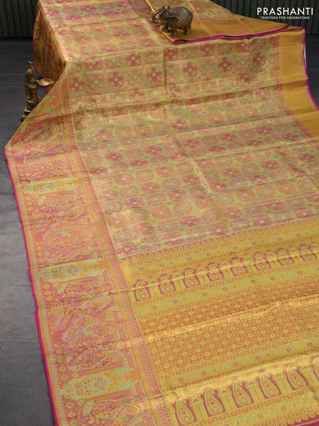 Pure kanchipuram tissue silk saree dual shade of light green and dual shade of pink with allover zari woven brocade weaves and long rich zari woven border