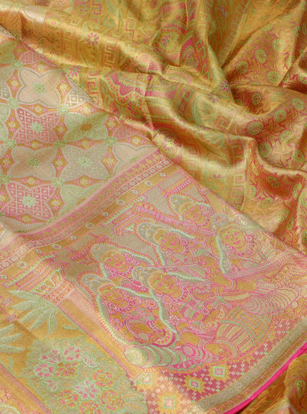 Pure kanchipuram tissue silk saree dual shade of light green and dual shade of pink with allover zari woven brocade weaves and long rich zari woven border