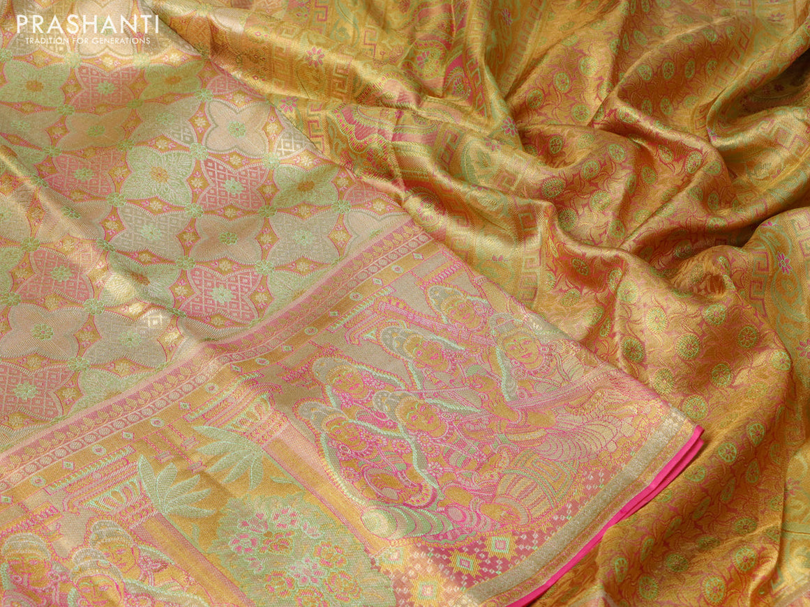 Pure kanchipuram tissue silk saree dual shade of light green and dual shade of pink with allover zari woven brocade weaves and long rich zari woven border