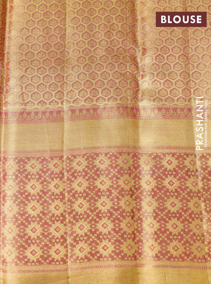 Pure kanchipuram tissue silk saree dual shade of light green and dual shade of pink with allover zari woven brocade weaves and long rich zari woven border