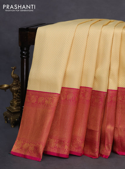 Pure kanchipuram silk saree cream and pink with allover thread weaves and long rich zari woven border