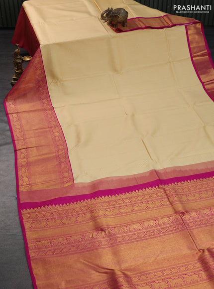 Pure kanchipuram silk saree cream and pink with allover thread weaves and long rich zari woven border