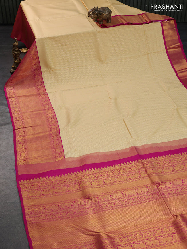 Pure kanchipuram silk saree cream and pink with allover thread weaves and long rich zari woven border