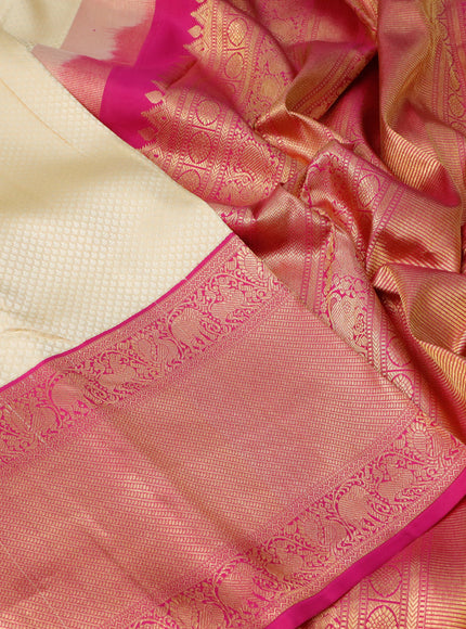 Pure kanchipuram silk saree cream and pink with allover thread weaves and long rich zari woven border