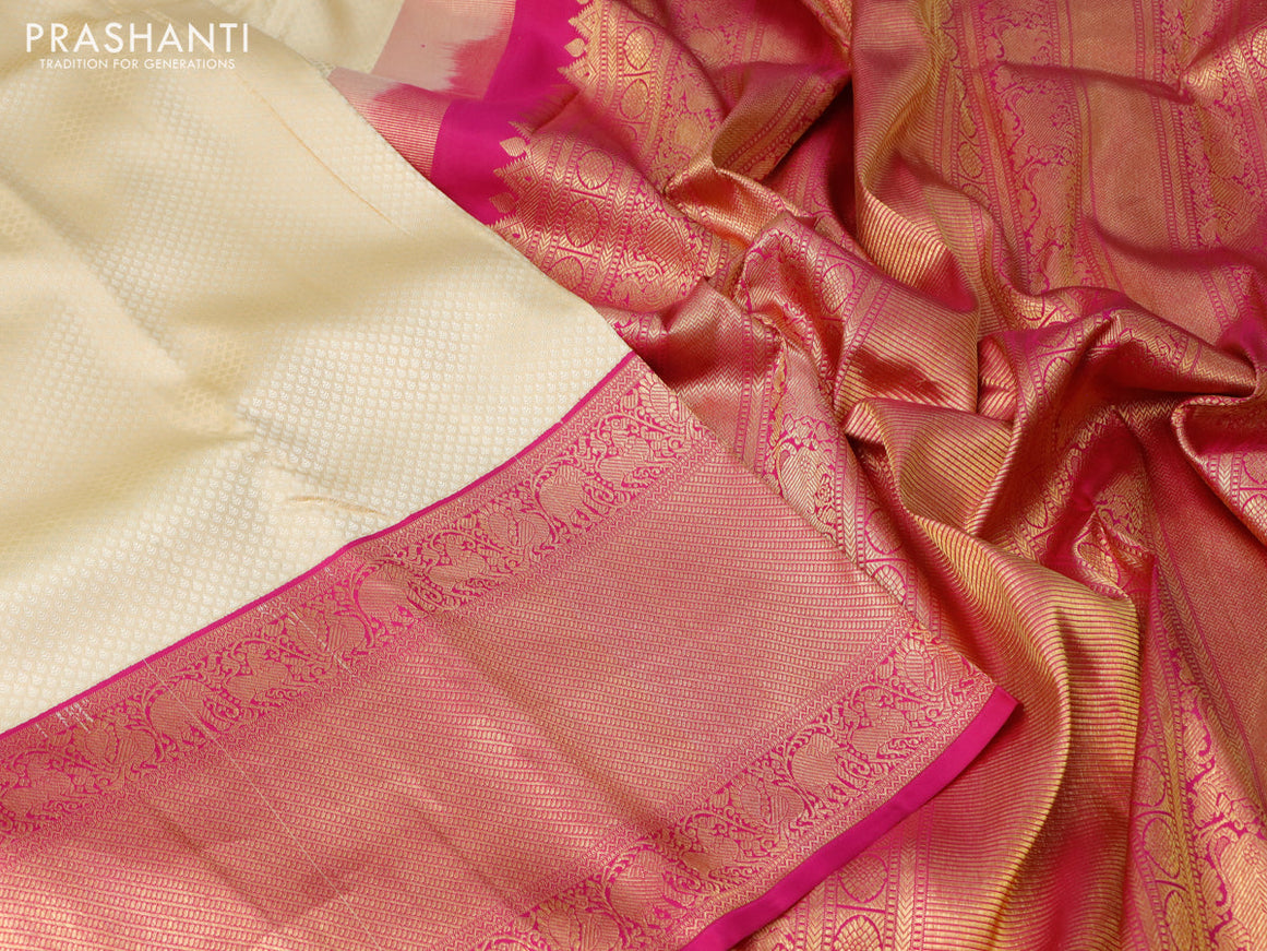 Pure kanchipuram silk saree cream and pink with allover thread weaves and long rich zari woven border