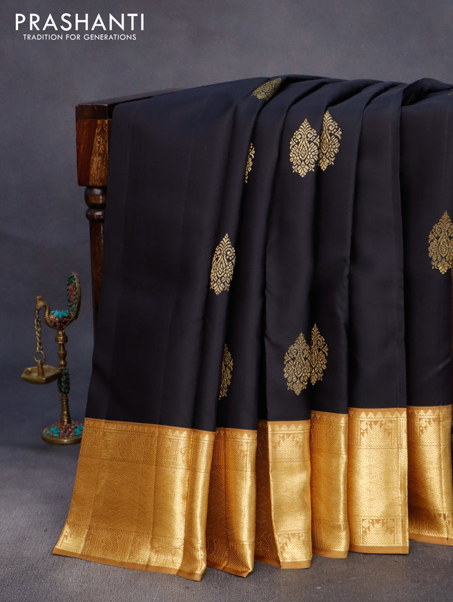 Pure kanchipuram silk saree black and khaki shade with zari woven buttas and rich zari woven border