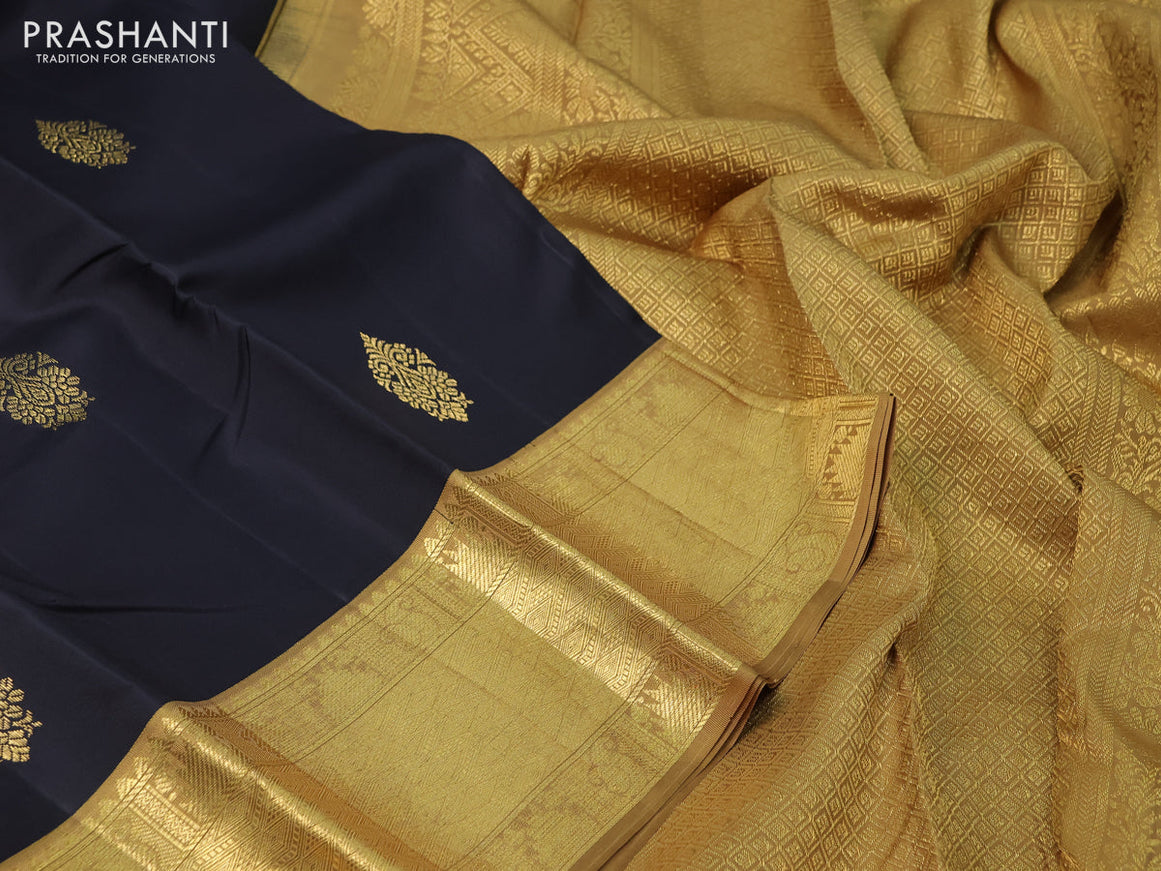 Pure kanchipuram silk saree black and khaki shade with zari woven buttas and rich zari woven border