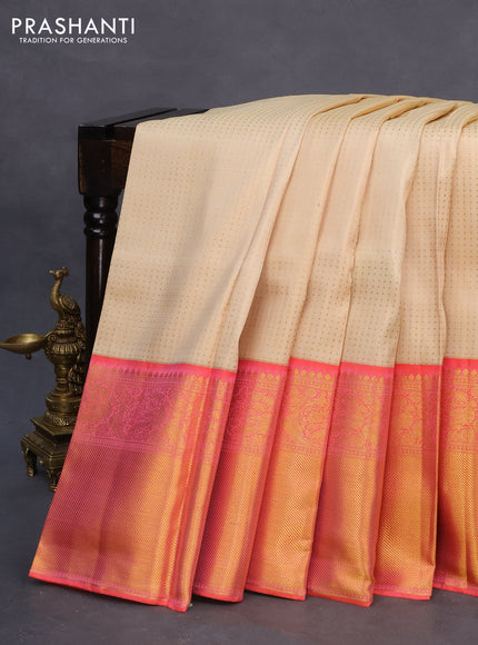 Pure kanchipuram silk saree cream and dual shade of peach orange with allover zari weaves and long zari woven border