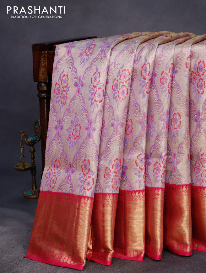 Pure kanchipuram tissue silk saree lavender and pink with allover thread & zari woven brocade weaves and long rich zari woven border